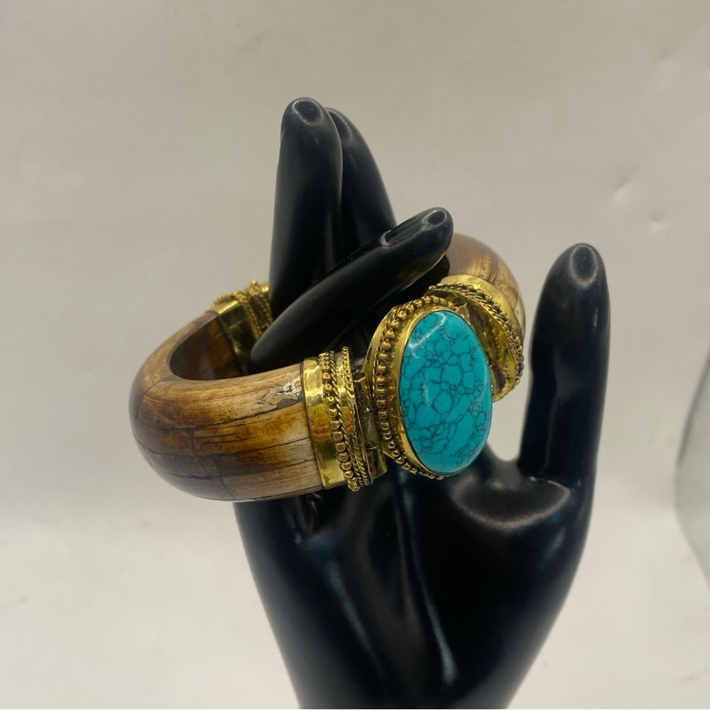 Southwest Turquoise Hinged Wooden Cuff Brass, Bracelet 7” - Picture 2 of 7